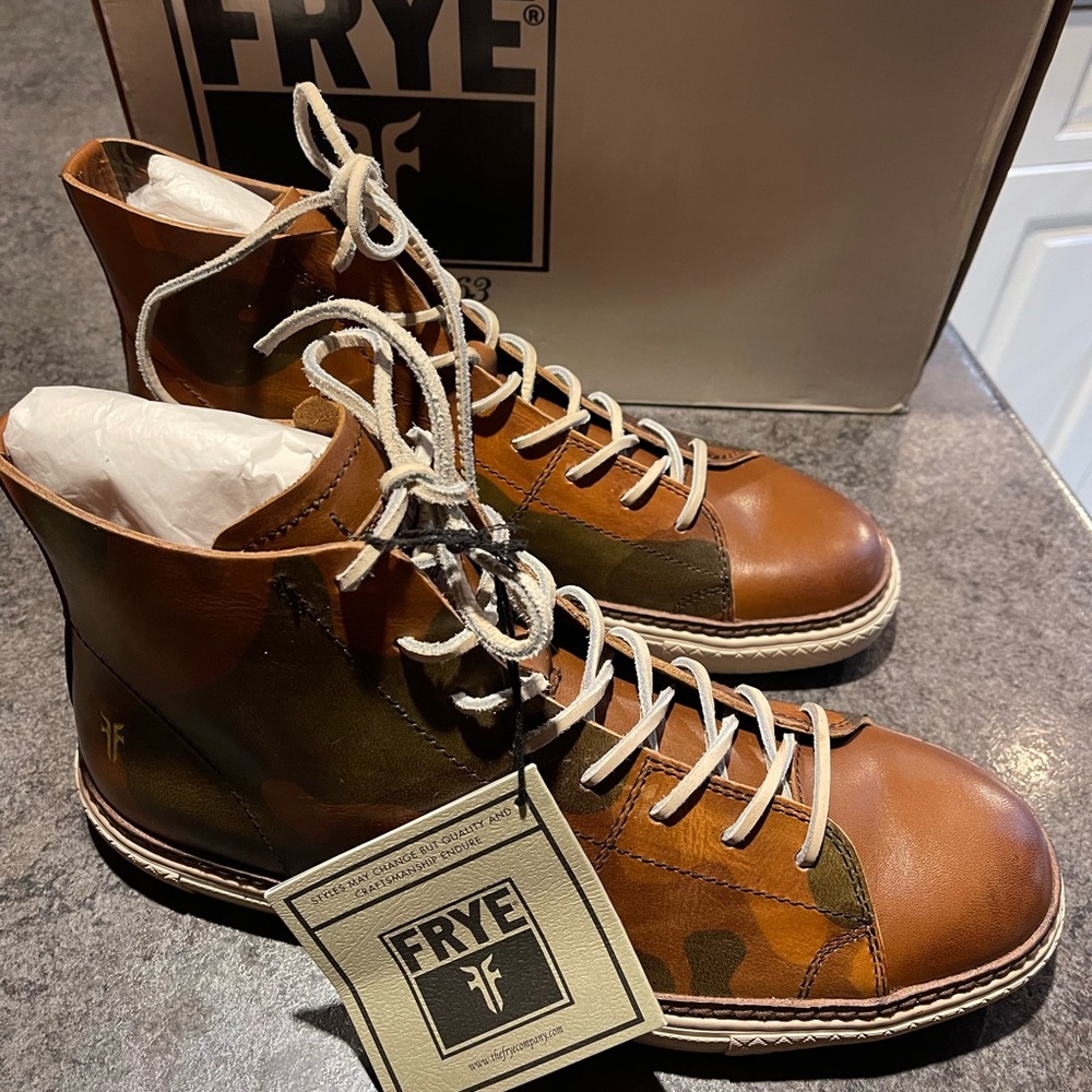 Frye high top leather camo high top sneakers/chukkas.